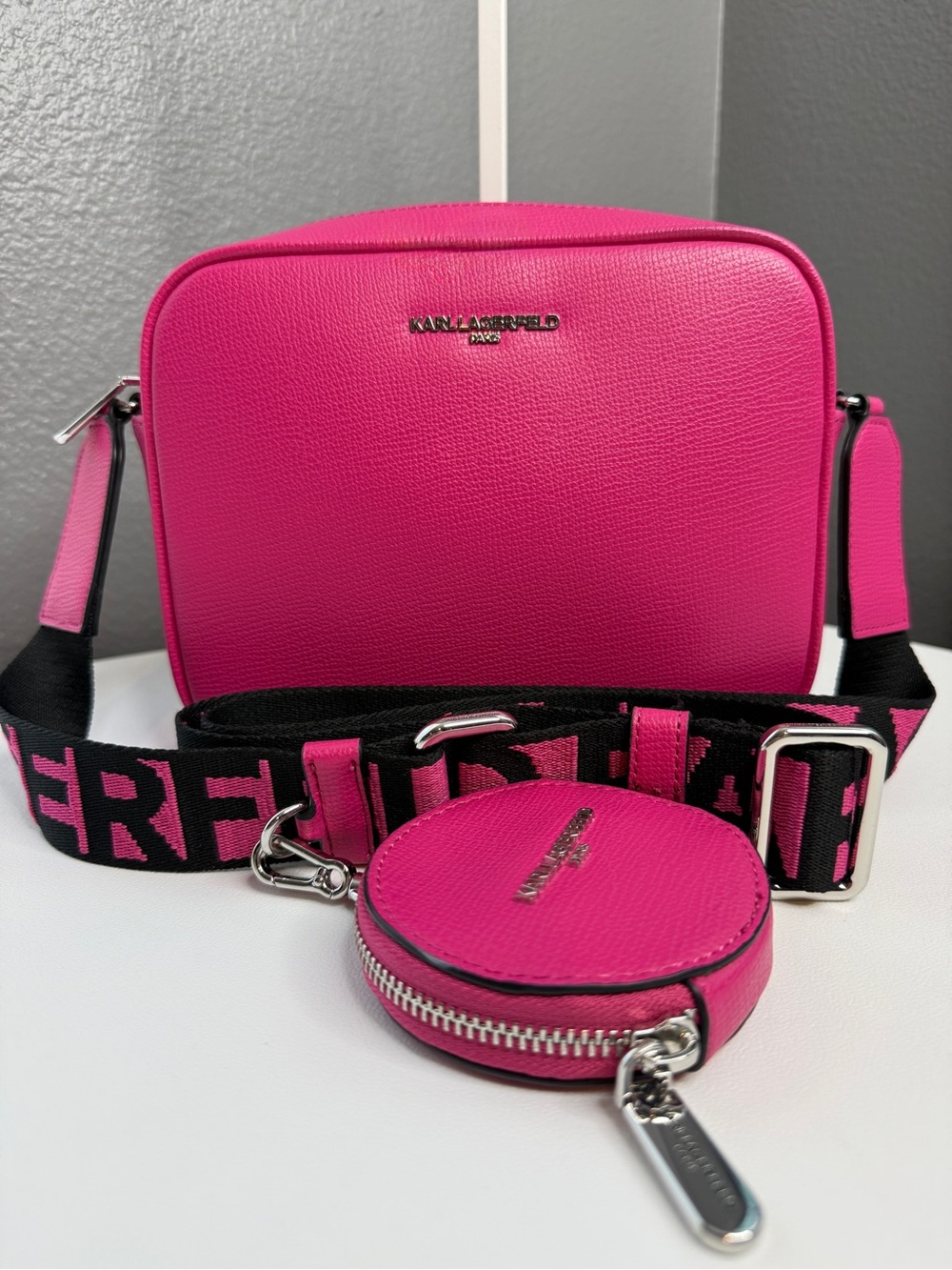 Karl Lagerfeld Hot Pink Crossbody Bag with Black Logo Strap - Picture 7 of 8